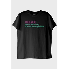 Lofux RELAX Mesajlı Minimal Baskılı Siyah Tişört