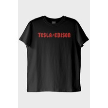 Lofux TESLA/EDISON Yıldırım Baskılı Gotik Tasarım Siyah Tişört