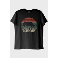 lofux Save the Chubby Unicorns Retro Gergedan Baskılı Siyah Tişört