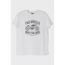 lofux Two Wheels Move the Soul Motosiklet Tasarımlı Beyaz Tişört