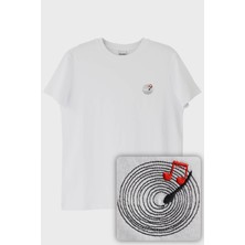 Lofux Plak Desenli Nakış Müzik T-Shirt