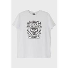 Lofux Rockstar On The Road Kafatası Baskılı Beyaz Tişört