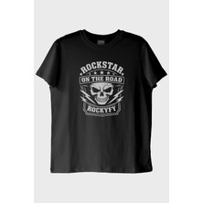 Lofux Rockstar On The Road Kafatası Baskılı Siyah Tişört