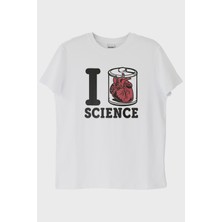lofux I Love SCIENCE Anatomik Kalpli Baskılı Beyaz Tişört