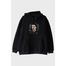 Lofux Nikola Tesla Illüstrasyon Baskılı Tasarım Siyah Hoodie