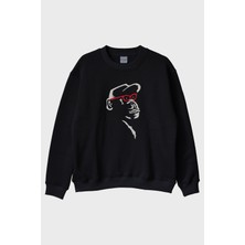 Lofux Gözlüklü Primat Minimal Tasarım Baskılı Siyah Bisiklet Yaka Sweatshirt