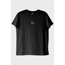 Lofux Polaroid Kamera Desenli Nakış Siyah T-Shirt