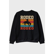 Lofux Rodeo Retro Vintage Baskılı Siyah Bisiklet Yaka Sweatshirt