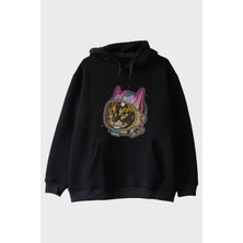 Lofux Astrocat Renkli Astronot Kedi Baskılı Siyah Hoodie