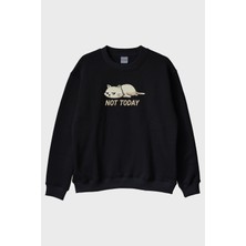 Lofux Yorgun Kedi Mizahi Not Today Siyah Bisiklet Yaka Sweatshirt