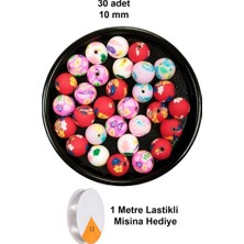 Sungur's Store 30 Adet 10 mm Polimer Kil Fimo Boncuk Takı Bileklik + 1 Metre Lastikli Misina Hediye - Desenli Yuvarlak