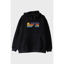 Lofux California Retro Dalga Baskılı Tasarım Siyah Hoodie