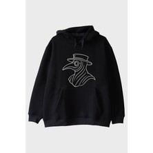 Lofux Veba Doktoru Maskesi Baskılı Minimal Siyah Hoodie