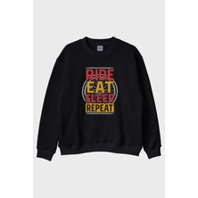 Lofux Ride Eat Sleep Repeat Baskılı Siyah Bisiklet Yaka Sweatshirt