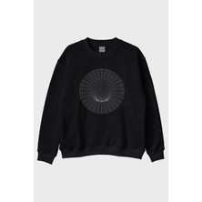 Lofux Wormholecircle Baskılı Modern Bilim ve Teknoloji Siyah Bisiklet Yaka Sweatshirtü