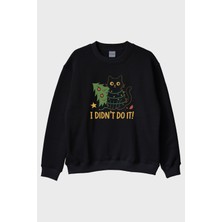 Lofux Suçlu Kedi Siyah Bisiklet Yaka Sweatshirt