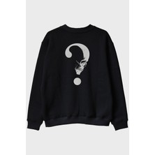 Lofux Gothic Soru Işareti Kafatası Baskılı Siyah Bisiklet Yaka Sweatshirt