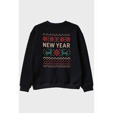 Lofux Yeni Yıl Motifli Siyah Bisiklet Yaka Sweatshirt