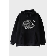 Lofux Motorlu Bayrak Tasarımlı Biker Siyah Hoodie
