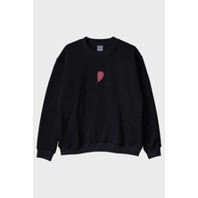 Lofux Pembe Yarım Kalp Desenli Bisiklet Yaka Sweatshirt - Sevgililer Günü Hediyesi