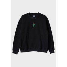 Lofux Çobanpüskülü Desenli Siyah Bisiklet Yaka Sweatshirt