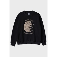 Lofux Water Bear Tardigrade Baskılı Siyah Bisiklet Yaka Sweatshirt