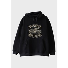 Lofux Two Wheels Move The Soul Motosiklet Tasarımlı Siyah Hoodie