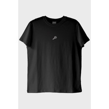 Lofux Siyah Anahtar Nakışlı Siyah T-Shirt - Minimalist Sevgili Kombini