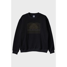 Lofux Çift Yarık Desenli Altın Çizgili Siyah Bisiklet Yaka Sweatshirt