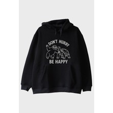 Lofux Don't Hurry Be Happy Baskılı Tembellik ve Kaplumbağa Siyah Hoodie