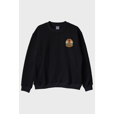 Lofux Groundhog Day Retro Baskılı Tasarım Siyah Bisiklet Yaka Sweatshirt