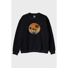 Lofux Tropik Gün Batımı Palmiye Baskılı Siyah Bisiklet Yaka Sweatshirt