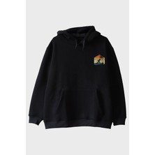 Lofux Retro Palmiye ve Sörf Baskılı Siyah Hoodie