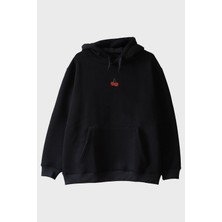 Lofux Kiraz Desenli Siyah Nakış Hoodie
