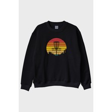 Lofux Retro Güneş Batışı Tasarımlı Disk Golf Sepetli Siyah Bisiklet Yaka Sweatshirt