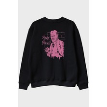Lofux Pink Freud Baskılı Mizahi Tasarım Siyah Bisiklet Yaka Sweatshirt