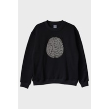 Lofux Beyin Grafikli Baskılı Siyah Bisiklet Yaka Sweatshirt