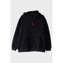 Lofux Çilek Desenli Siyah Nakış Hoodie