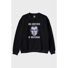 Lofux Big Brother Is Watching Baskılı Distopik Siyah Bisiklet Yaka Sweatshirt