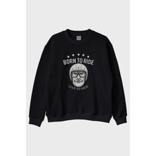 Lofux Born To Ride Live To Road Baskılı Motosiklet Temalı Siyah Bisiklet Yaka Sweatshirt