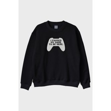 Lofux I Paused My Game Siyah Bisiklet Yaka Sweatshirt Oyun Kumandası Tasarımı