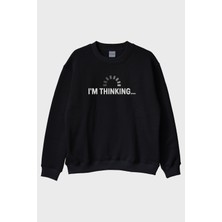 Lofux I'm Thinking Baskılı Teknik Mizahi Siyah Bisiklet Yaka Sweatshirt