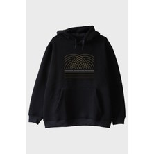 Lofux Çift Yarık Desenli Altın Çizgili Siyah Hoodie
