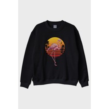 Lofux Retro Flamingo Baskılı Siyah Bisiklet Yaka Sweatshirt