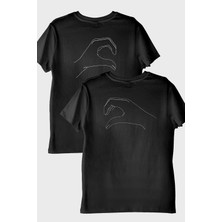 Lofux Kalp Eller Desenli Çift Kombini Siyah T-Shirt
