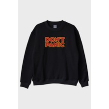 Lofux Don't Panic Baskılı Mizahi Siyah Bisiklet Yaka Sweatshirt