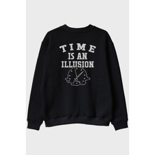 Lofux Time Is An Illusion Baskılı Minimalist Siyah Bisiklet Yaka Sweatshirt