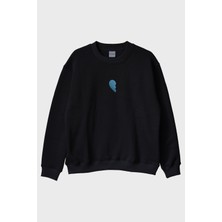 Lofux Mavi Yarım Kalp Desenli Bisiklet Yaka Sweatshirt - Sevgililer Günü Hediyesi