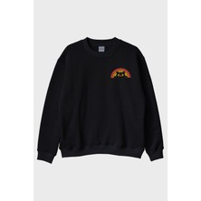 Lofux Rainbow Cat Baskılı Tasarım Siyah Bisiklet Yaka Sweatshirt