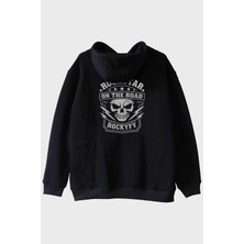 Lofux Rockstar On The Road Kafatası Baskılı Siyah Hoodie